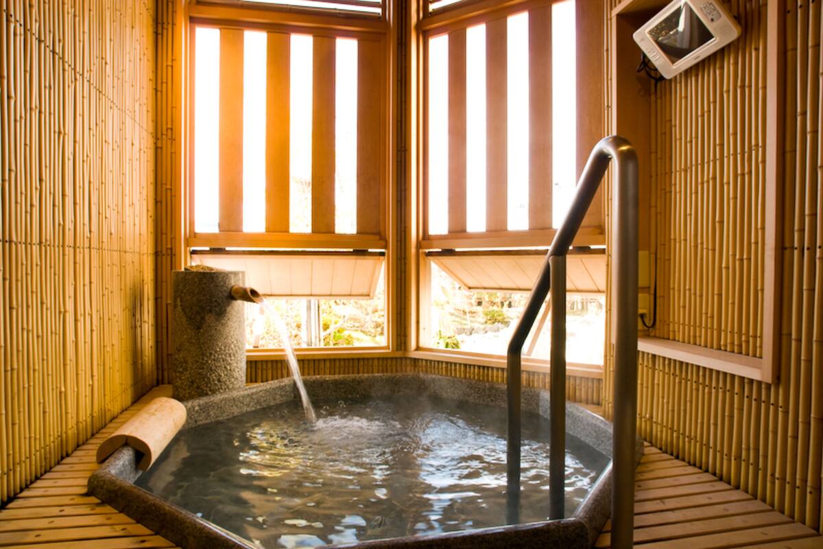 A hot spring bath with a wooden floor, a metal ladder, and a bamboo wall.