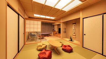 Una habitación japonesa tradicional con suelo de tatami, una mesa baja, cojines, puertas correderas y un techo con tragaluces.