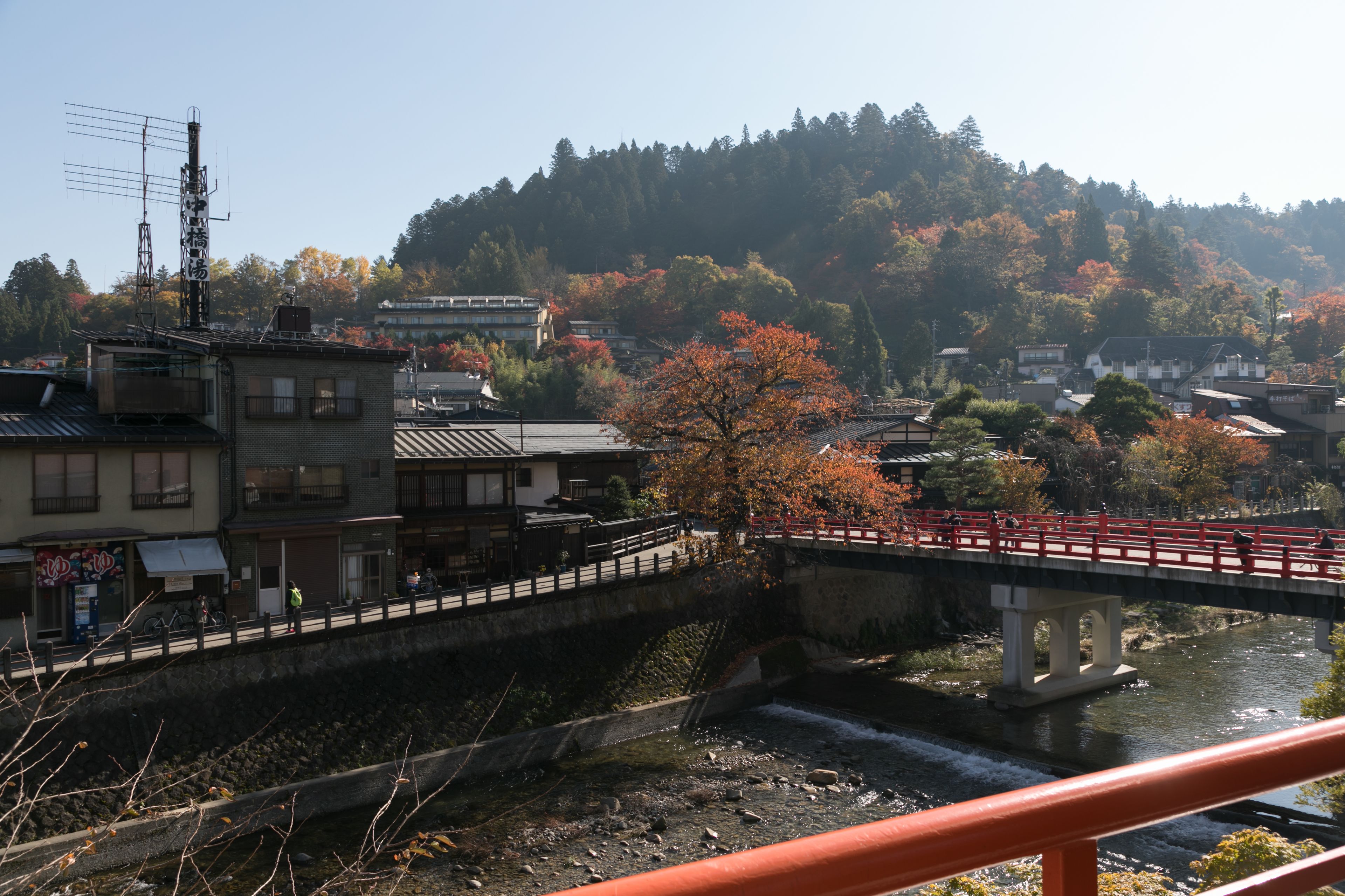 A bridge over a river with buildings and trees in the background.