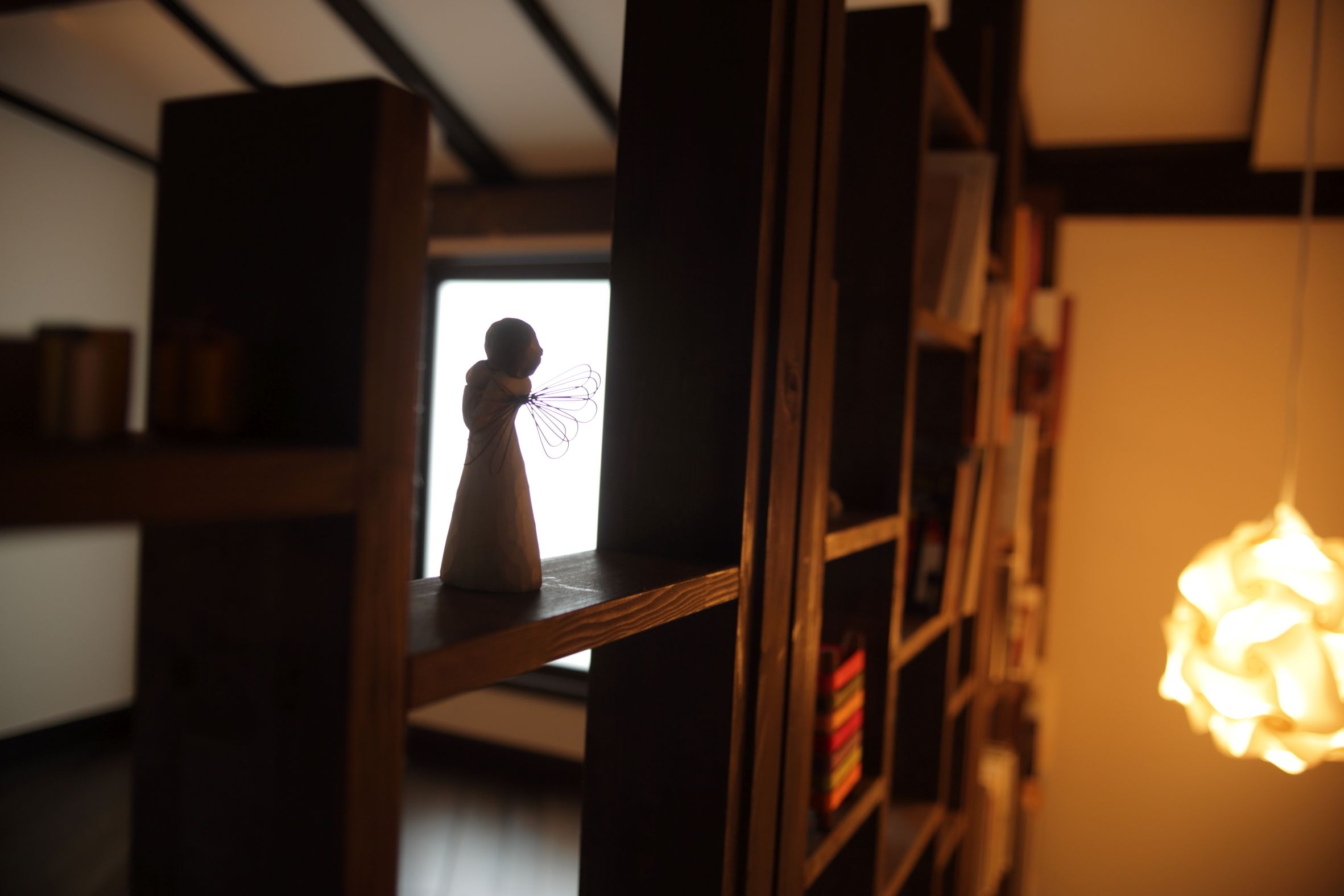 Een kamer met houten boekenkasten, een hanglamp en de silhouet van een persoon.