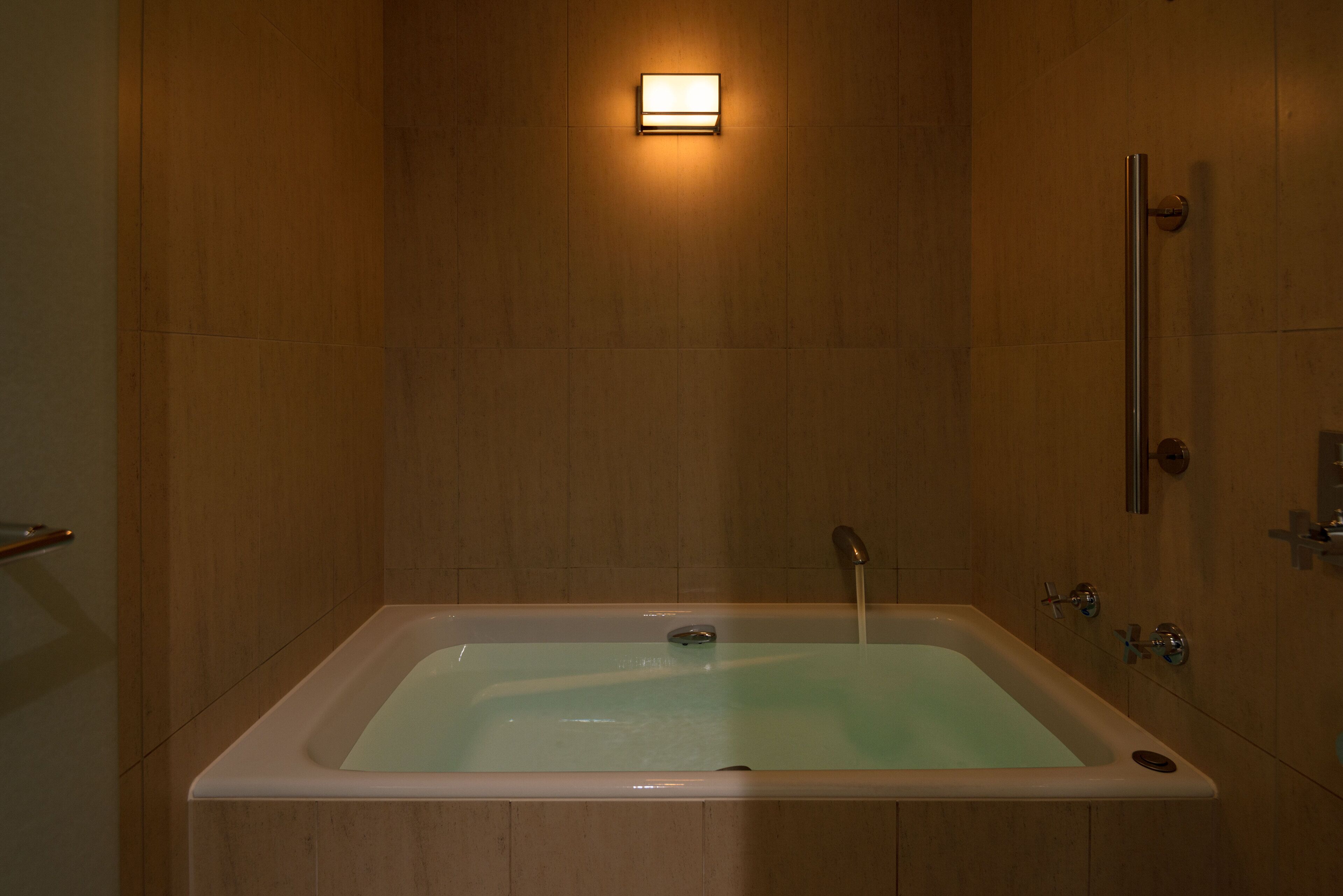 A modern bathroom with a freestanding bathtub, a wall-mounted light, and a handrail.