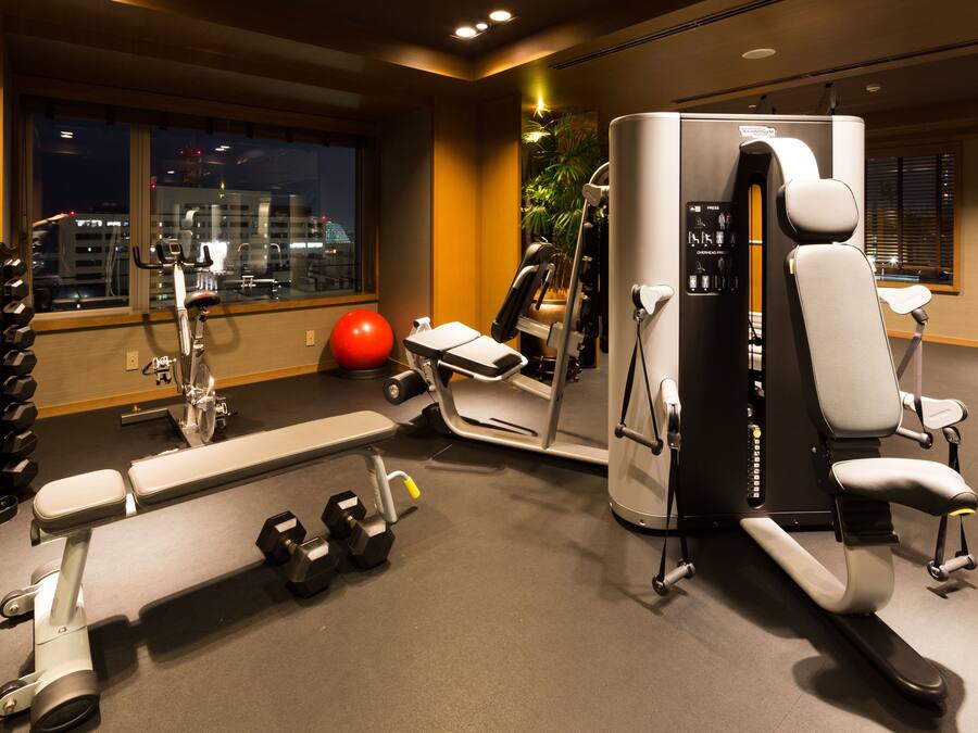 A gym with exercise equipment, a bench, dumbbells, and a red exercise ball.