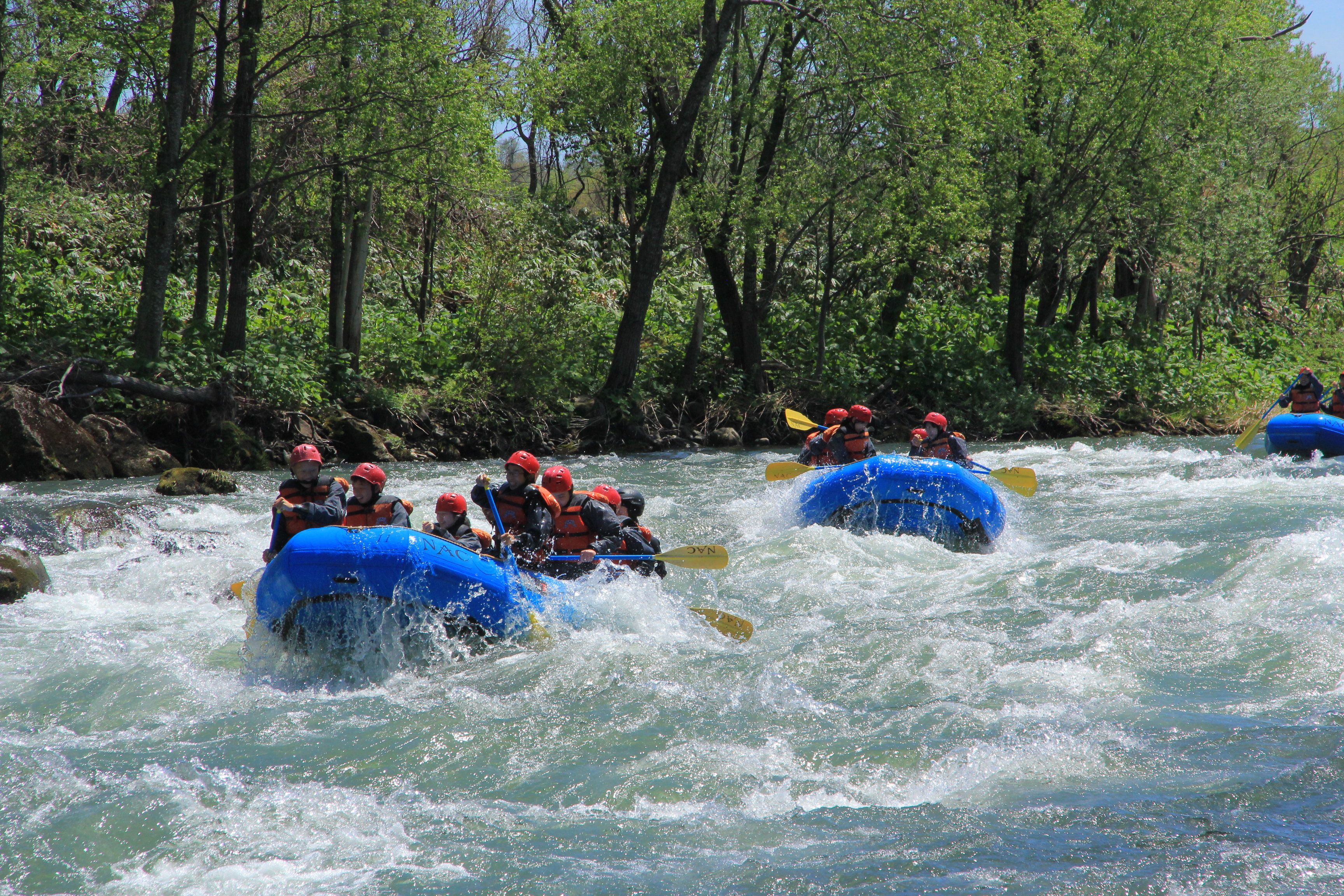 A group of people in blue inflatable rafts navigating a river surrounded by dense forest.
