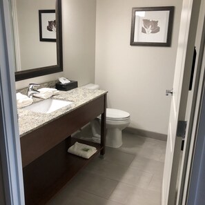 A bathroom with a granite countertop, a white sink, a toilet, and framed artwork on the walls.