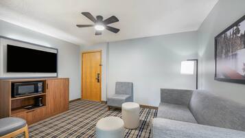 Habitación de hotel con televisor de pantalla plana, ventilador de techo, puerta de madera, sofá gris, sillón gris y alfombra estampada.