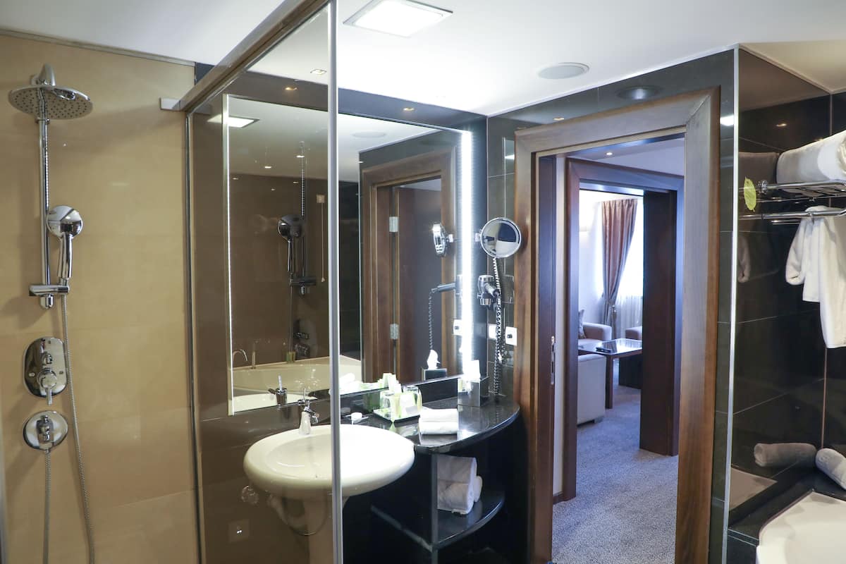 junior suite, 1 king bed with sofa bed, hot tub (lane side) | bathroom | eco-friendly toiletries, hair dryer, slippers, towels