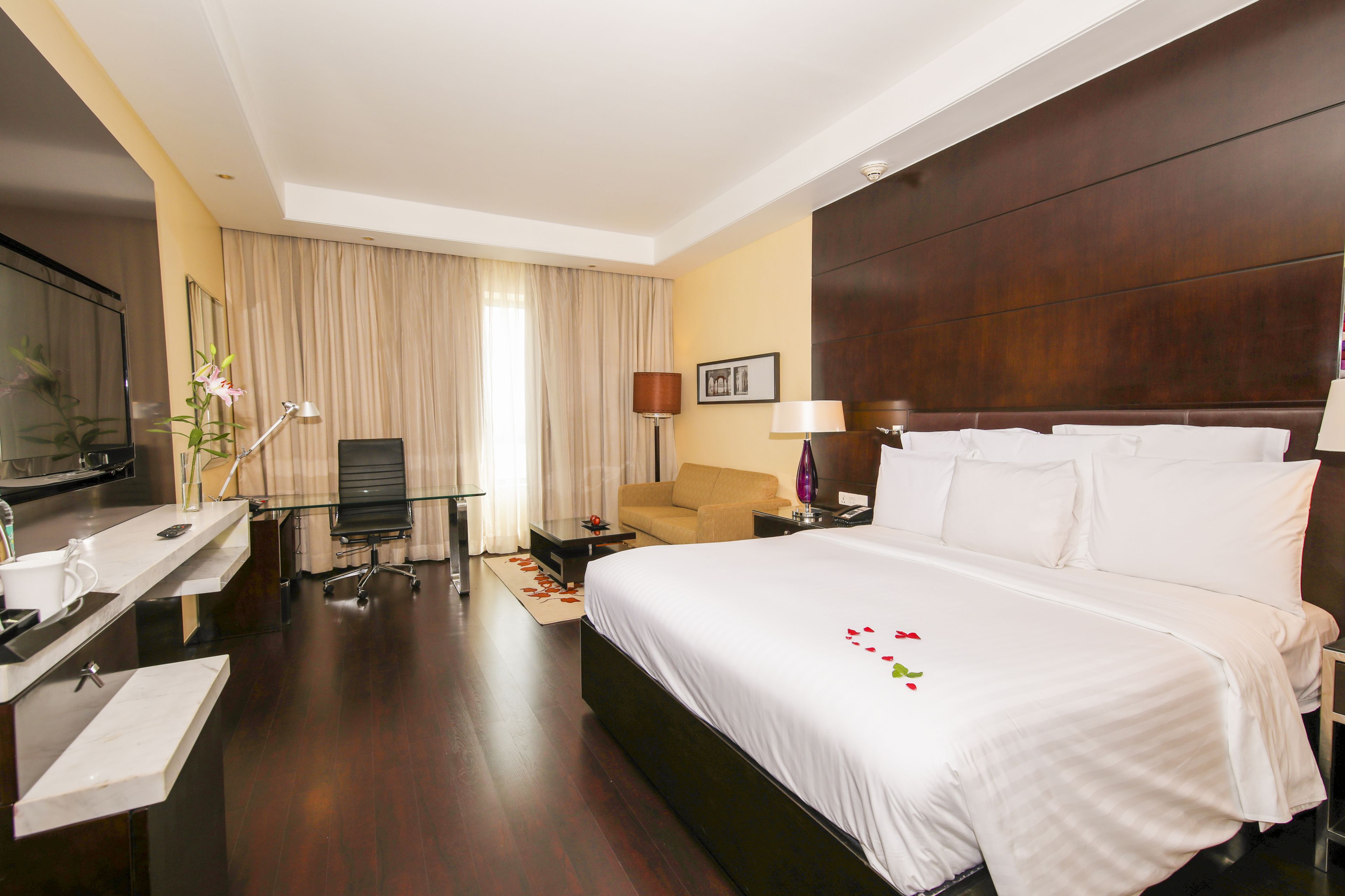 A hotel room with a large bed, a desk with a computer, a chair, a TV, and a window with curtains.
