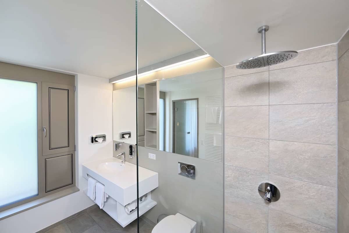 deluxe double room | bathroom | shower, free toiletries, hair dryer, towels