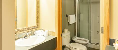 A bathroom with a sink, mirror, toilet, bidet, and shower.