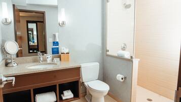 A modern bathroom with a sink, mirror, toilet, and shower.