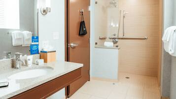 Room, 1 Queen Bed, Accessible, Non Smoking (Hearing & Rollin Shower) | Bathroom | Shower, rainfall showerhead, designer toiletries, hair dryer