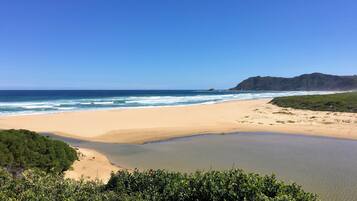 Enjoy a serene beach experience with gentle waves lapping at the shore.