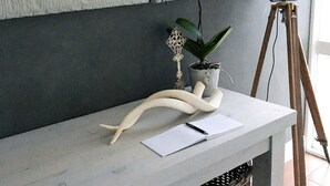 A bathroom vanity with a white countertop, a mirror, a camera on a tripod, and a potted orchid. - Roseroc Boutique Guest House (Knysna)