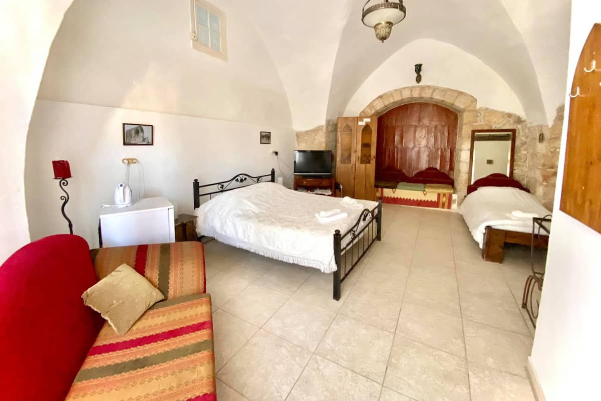 A room with a bed, a sofa, a TV, and a stone wall.