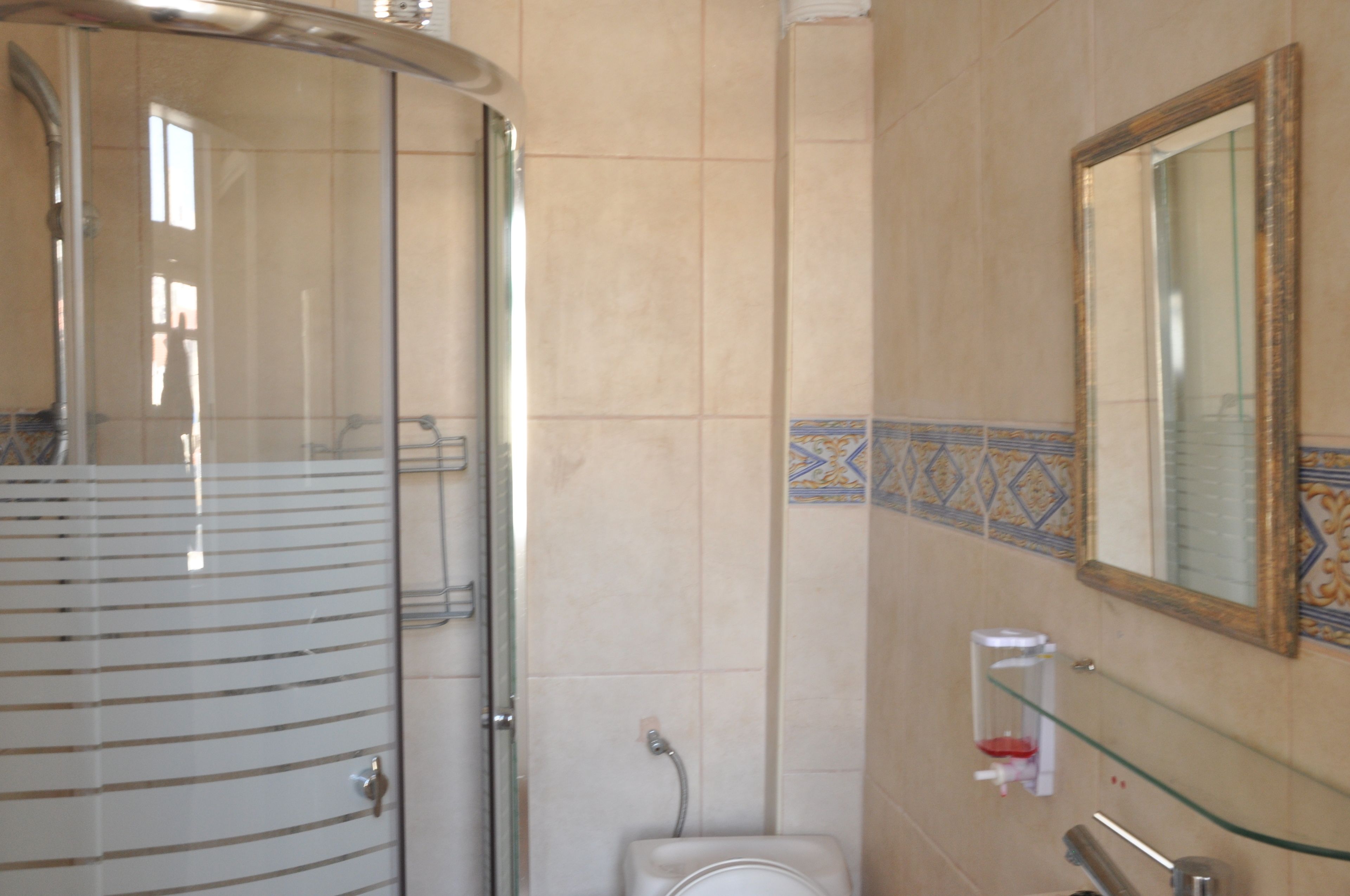 Een badkamer met een douchecabine van glas, een toilet en een spiegel met een decoratieve lijst.