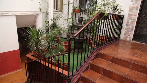 Una escalera con barandilla de madera y balaustres negros, rodeada de plantas en macetas y una pequeña fuente.