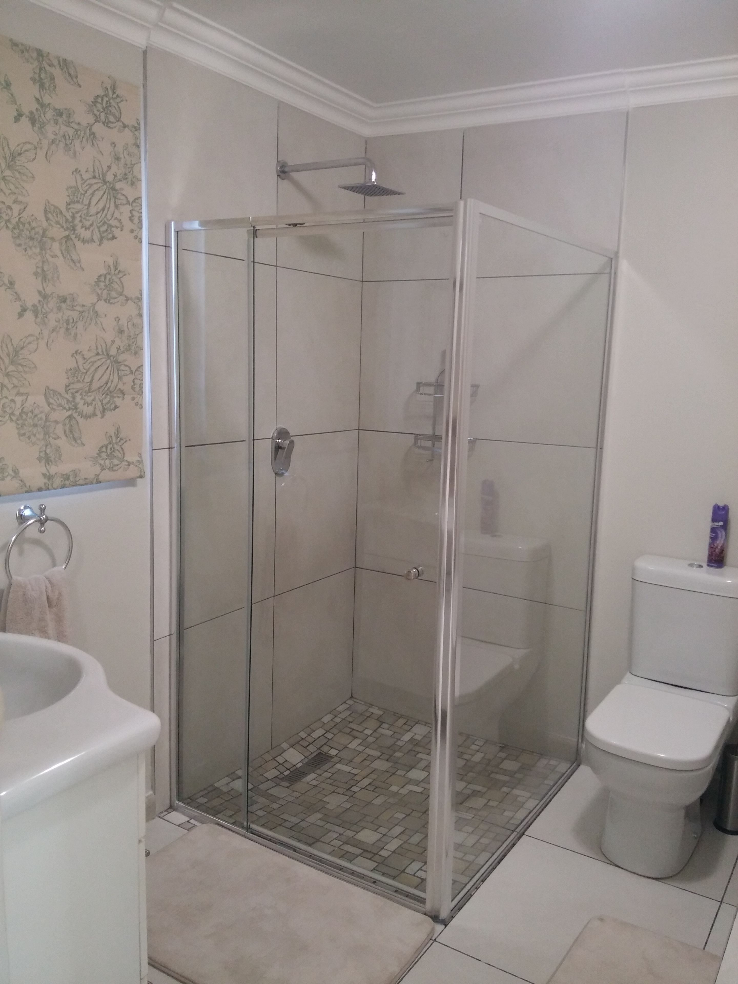 Un baño con ducha de mampara, inodoro y lavabo.