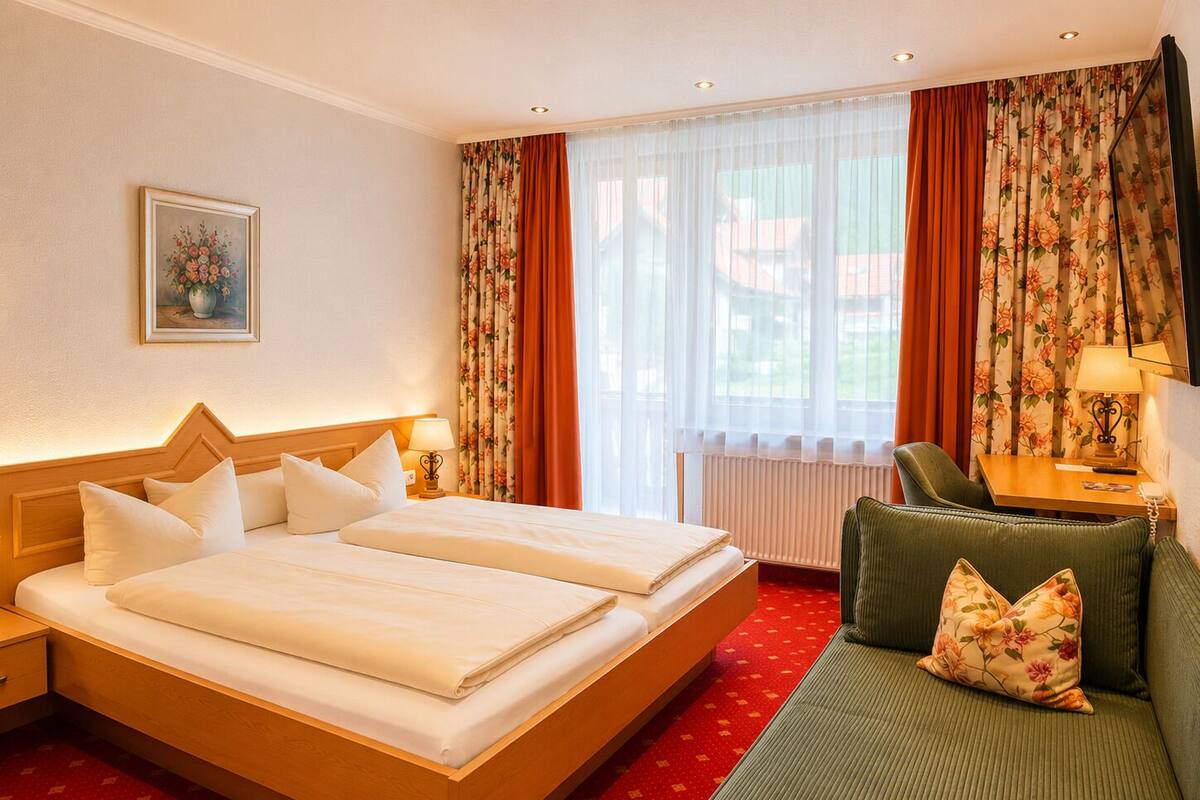 A hotel room with a double bed, a sofa, a table, and a window with curtains.