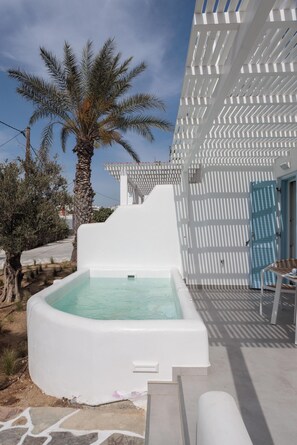 A white pool with a stone border, a palm tree, and a white building with a blue door. - Agia Anna Living (Naxos)