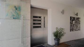 Un ingresso moderno con una porta metallica, una pianta in vaso e due opere d'arte alle pareti.