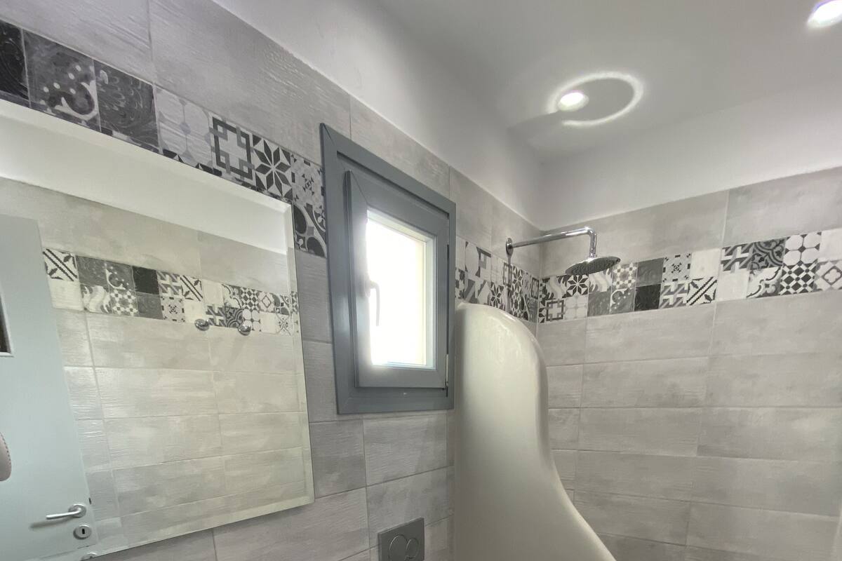 Shower, hair dryer, towels, shampoo