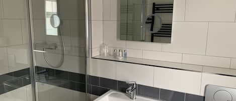 Un baño moderno con ducha de vidrio, un lavabo blanco y un espejo encima.