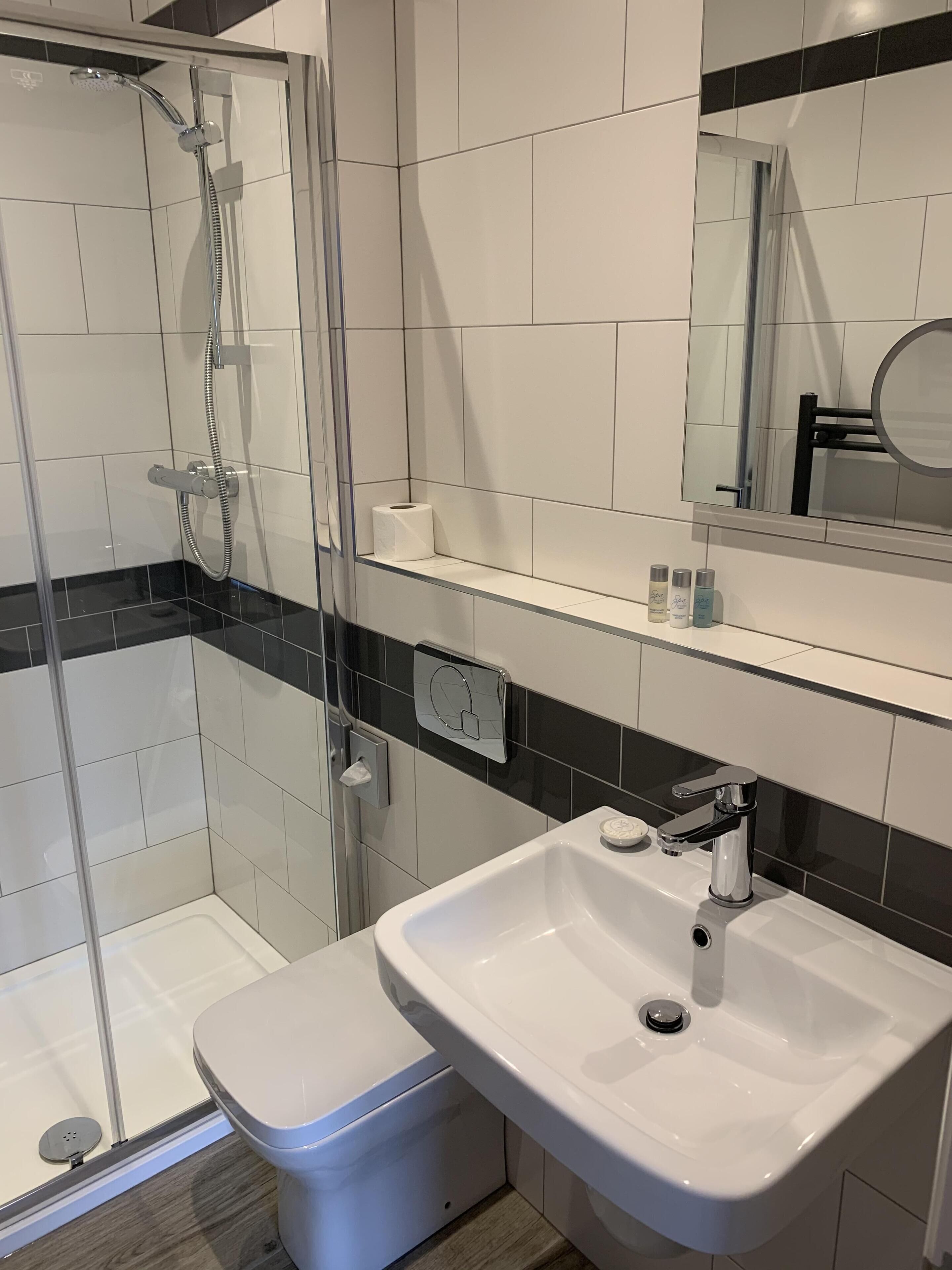 A modern bathroom with a glass shower enclosure, a white toilet, and a sink with a mirror above.