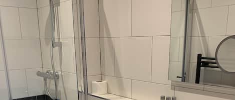 A modern bathroom with a glass shower enclosure, a white toilet, and a sink with a mirror above.