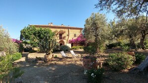 A rustic villa with a garden, a paved pathway, and two white lounge chairs. - Casa Migliaca (Pettineo)