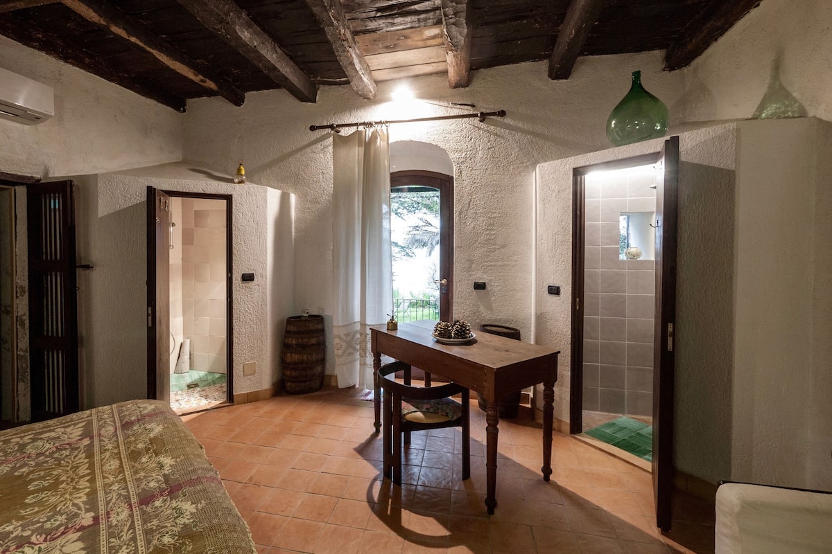 A rustic room with a wooden table, a chair, and a bed with a patterned bedspread. There is a window with a view of greenery outside.