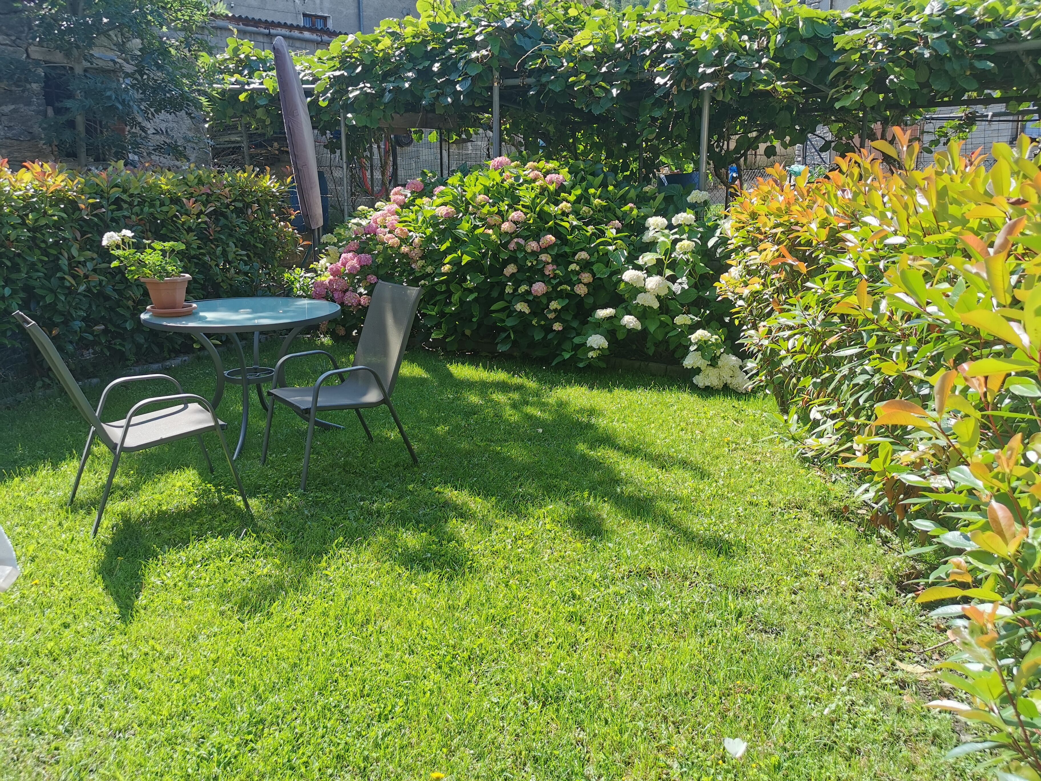 En trädgård med ett runt bord och två stolar, omgiven av frodig grönska och blommande växter.