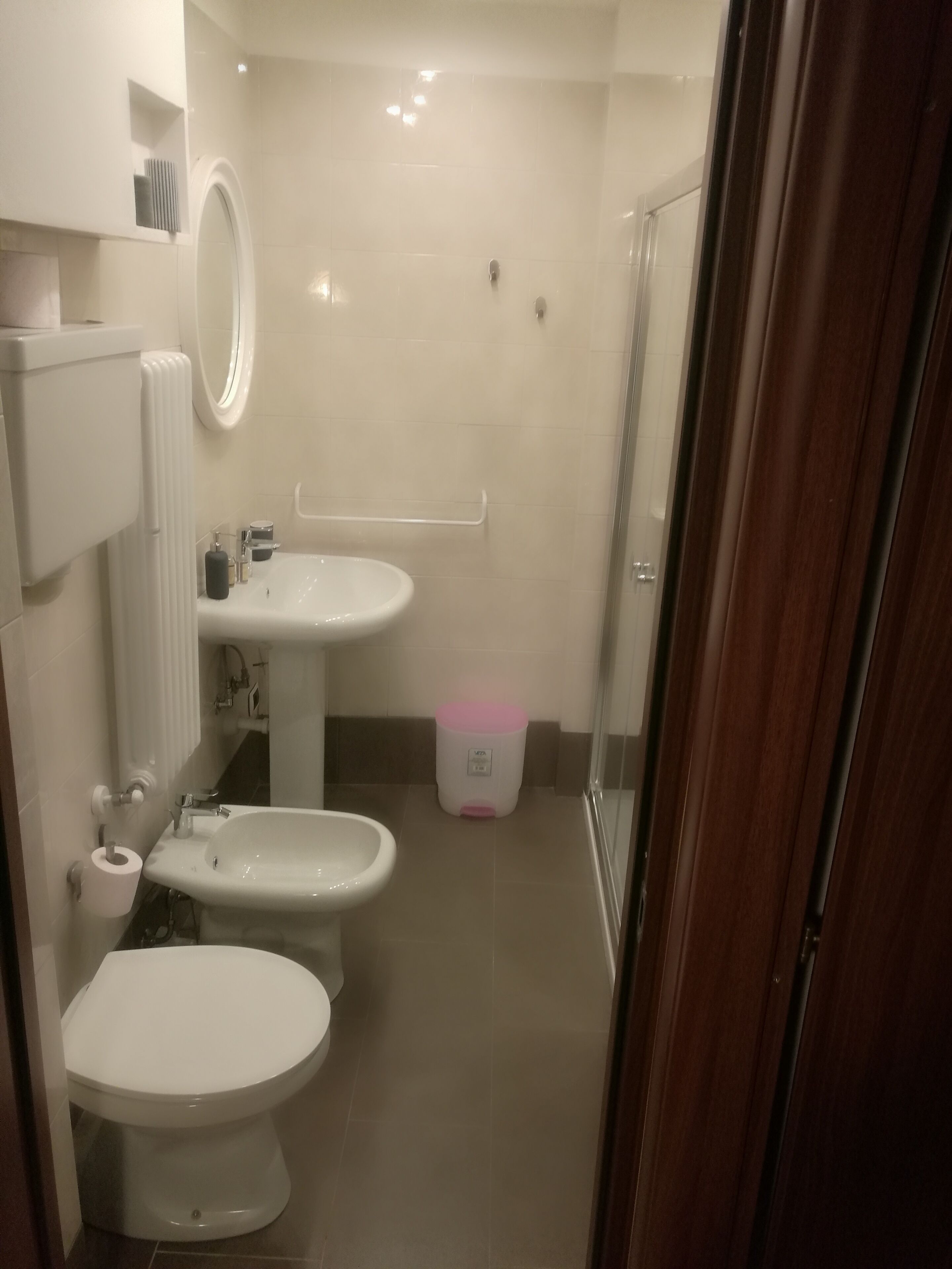 A bathroom with two toilets, a sink, a mirror, and a shower.