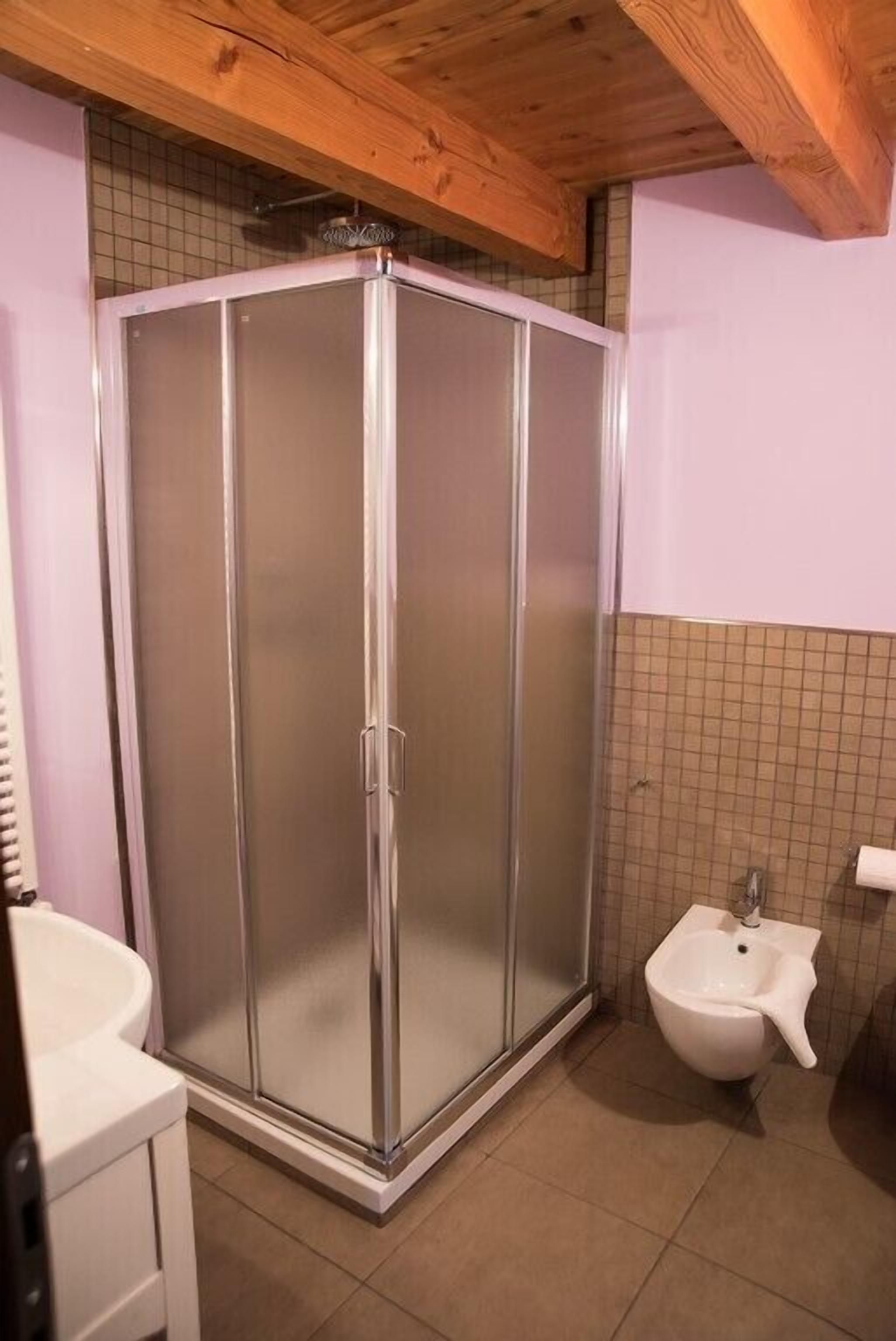 Une salle de bain avec une douche à parois de verre, un lavabo blanc et un bidet.