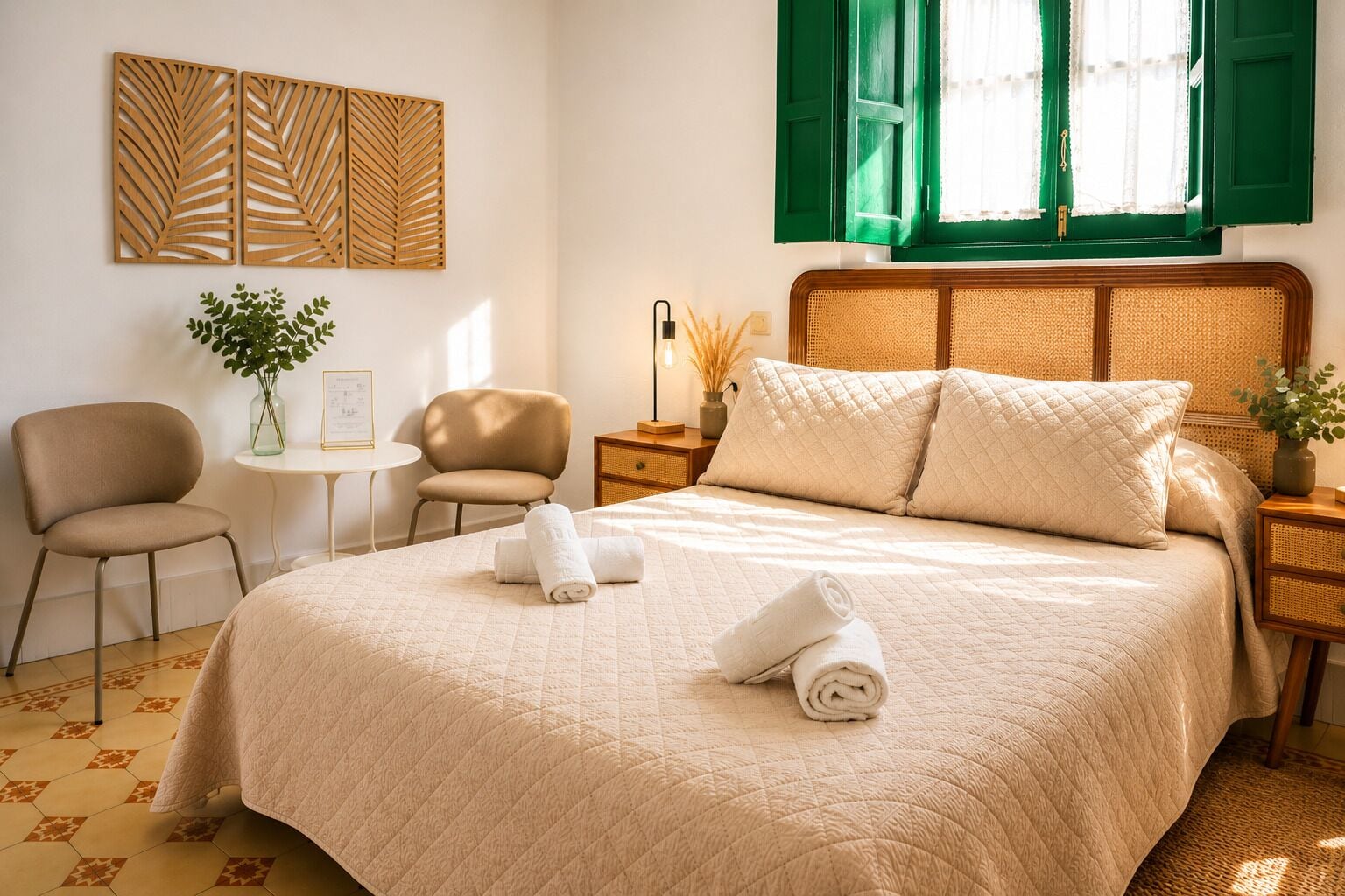 Un letto rifatto con cura, asciugamani arrotolati, una sedia, un tavolino con un vaso e una parete con pannelli decorativi.