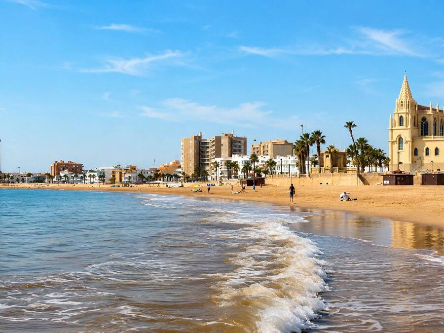 A beach with a lighthouse, a large cathedral, and several buildings along the shore.