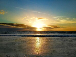 Experience serene beachfront tranquility with gentle ocean waves lapping at the shore.