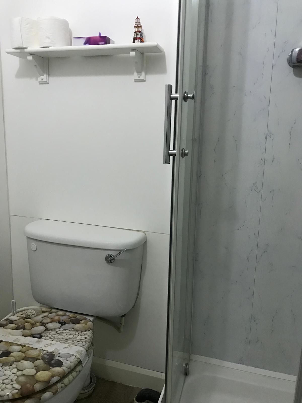 A bathroom with a toilet, a glass shower enclosure, and a shelf with toiletries.