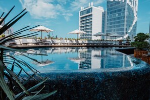 Indoor pool, seasonal outdoor pool, pool umbrellas, pool loungers