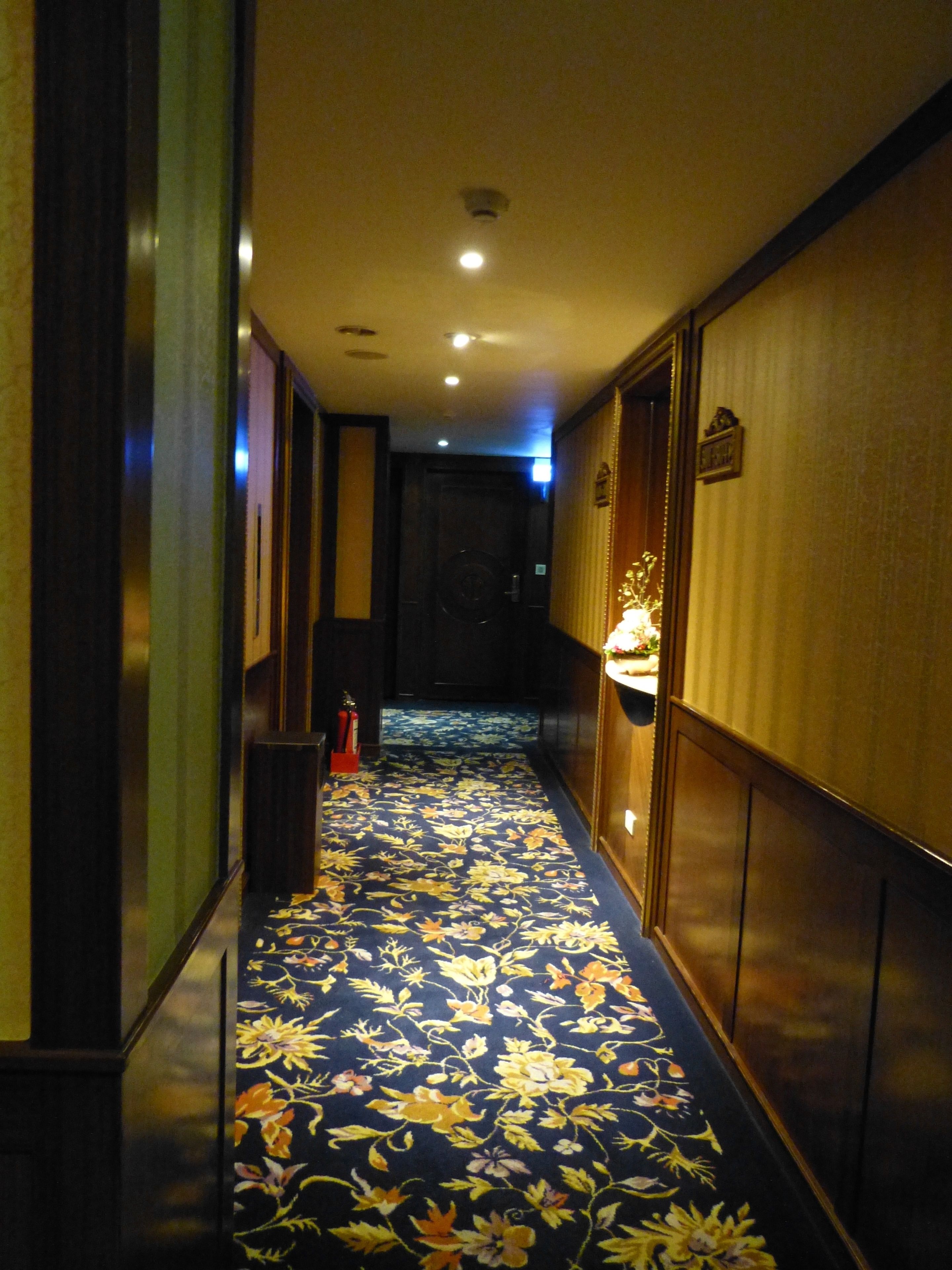 A hallway with a floral carpet, wooden walls, and a door at the end.