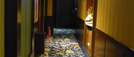 A hallway with a floral carpet, wooden walls, and a door at the end.