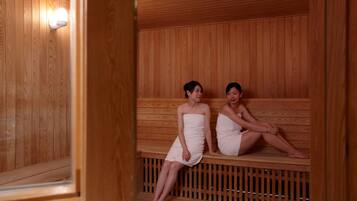 A wooden sauna with two benches, a wooden floor, and a wall-mounted light fixture.
