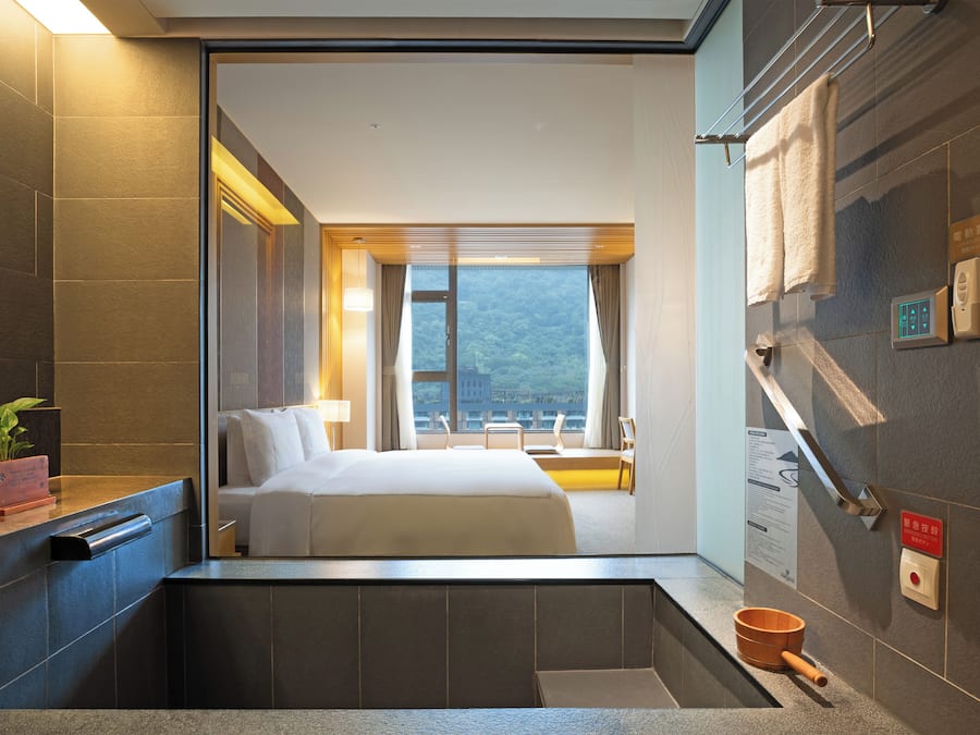 A hotel room with a bed, a bathroom with a towel rack, a plant, and a view of a mountain.