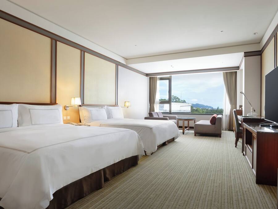 Habitación de hotel con dos camas, un escritorio, un televisor y vistas al exterior.