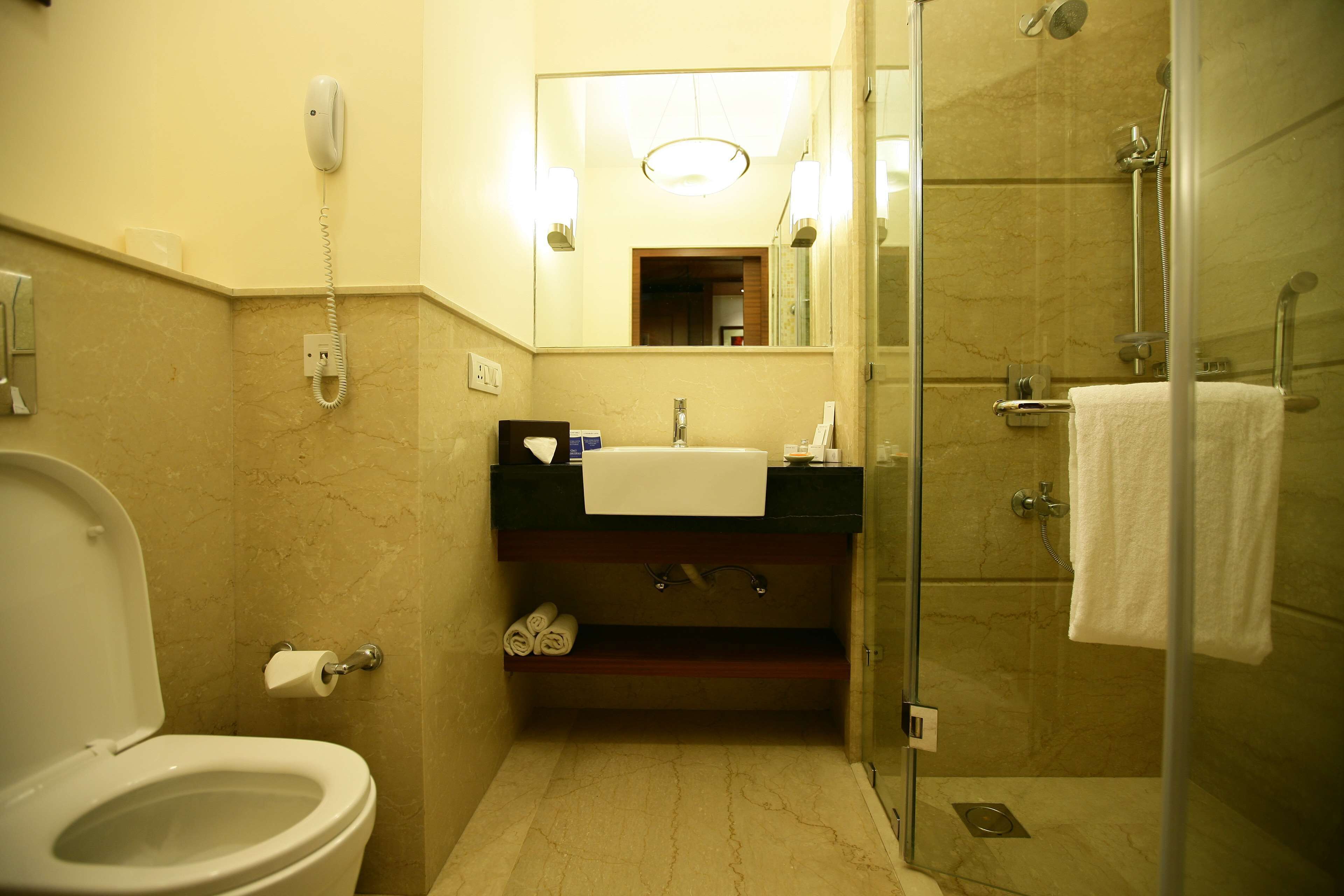 Une salle de bain avec des toilettes, un lavabo et une douche.