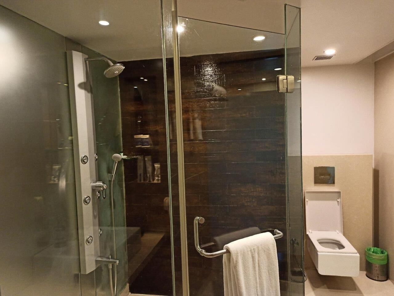 A modern bathroom with a glass-enclosed shower, a toilet, and a glass door.