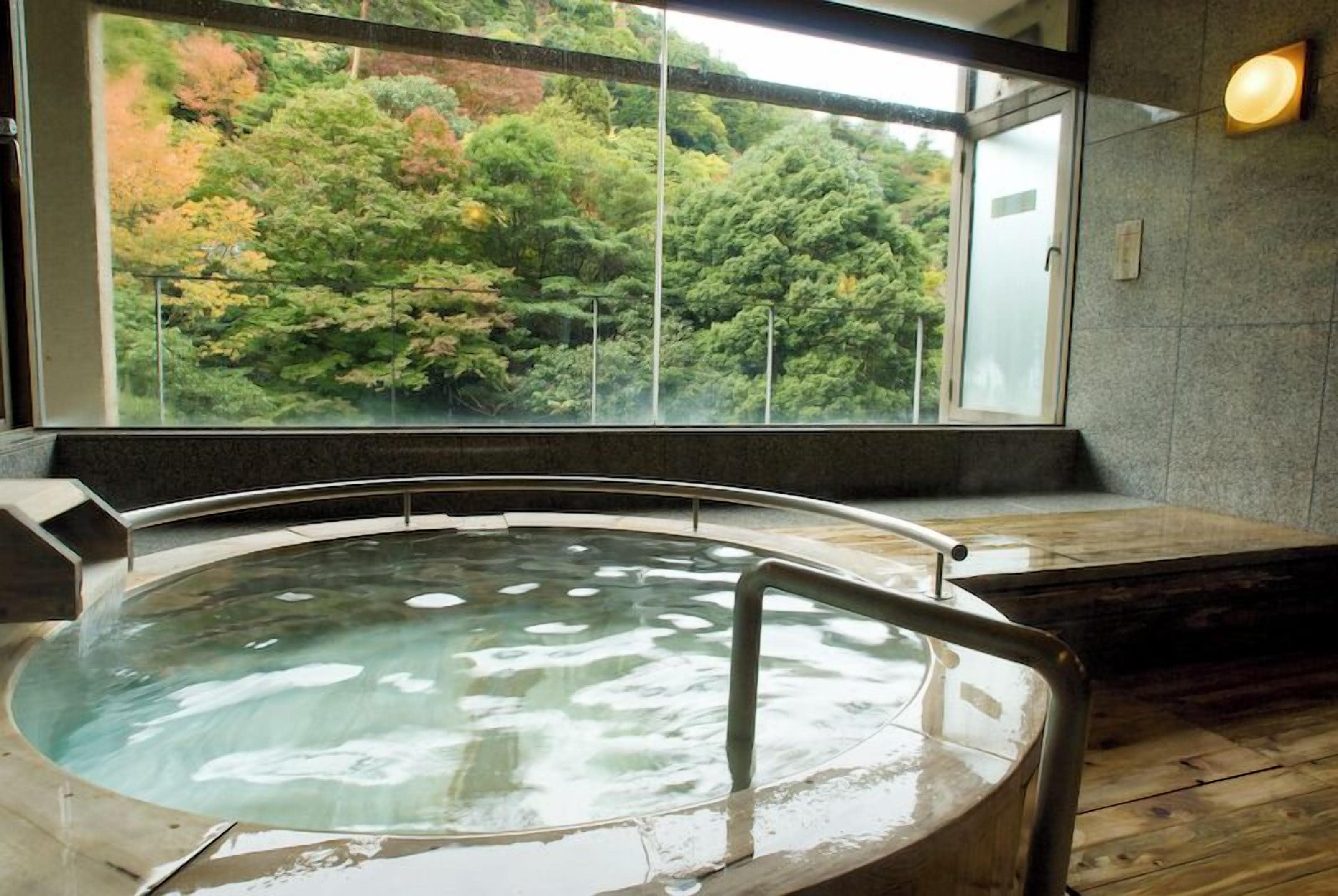 A hot tub with a view of trees through a large window.