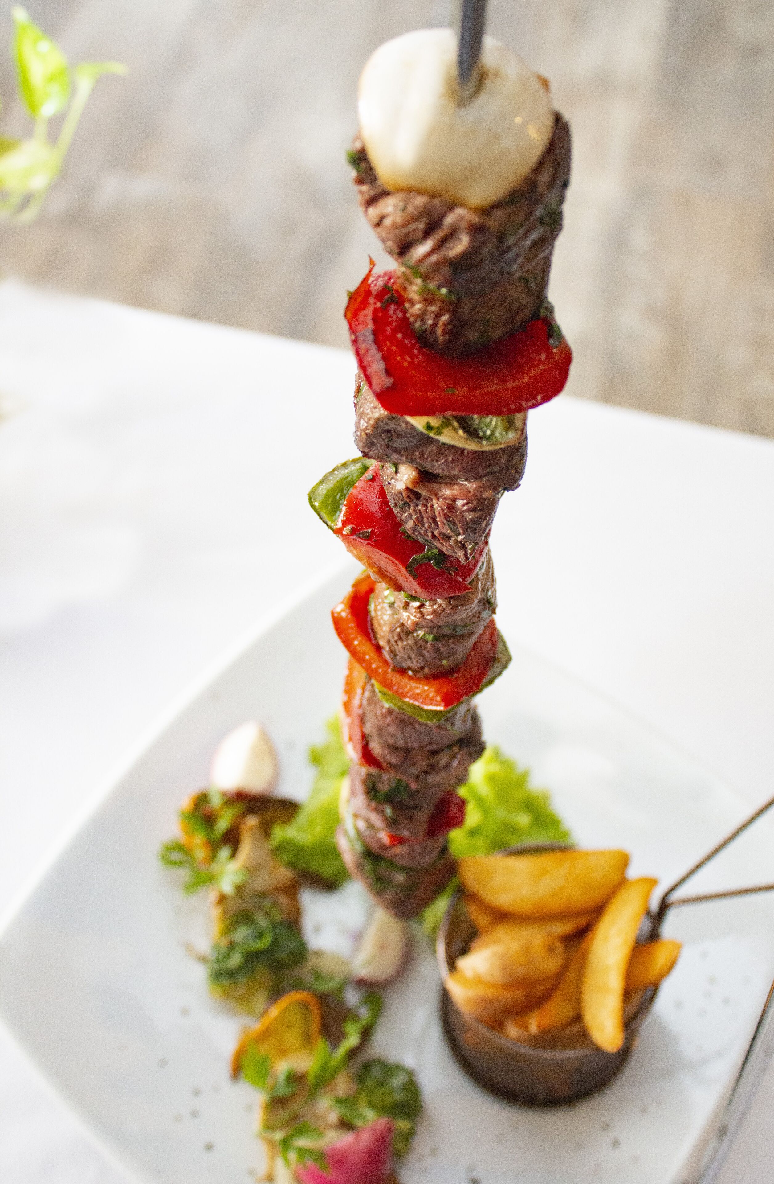 A skewered meat dish with vegetables and a small bowl of fries on a white plate.