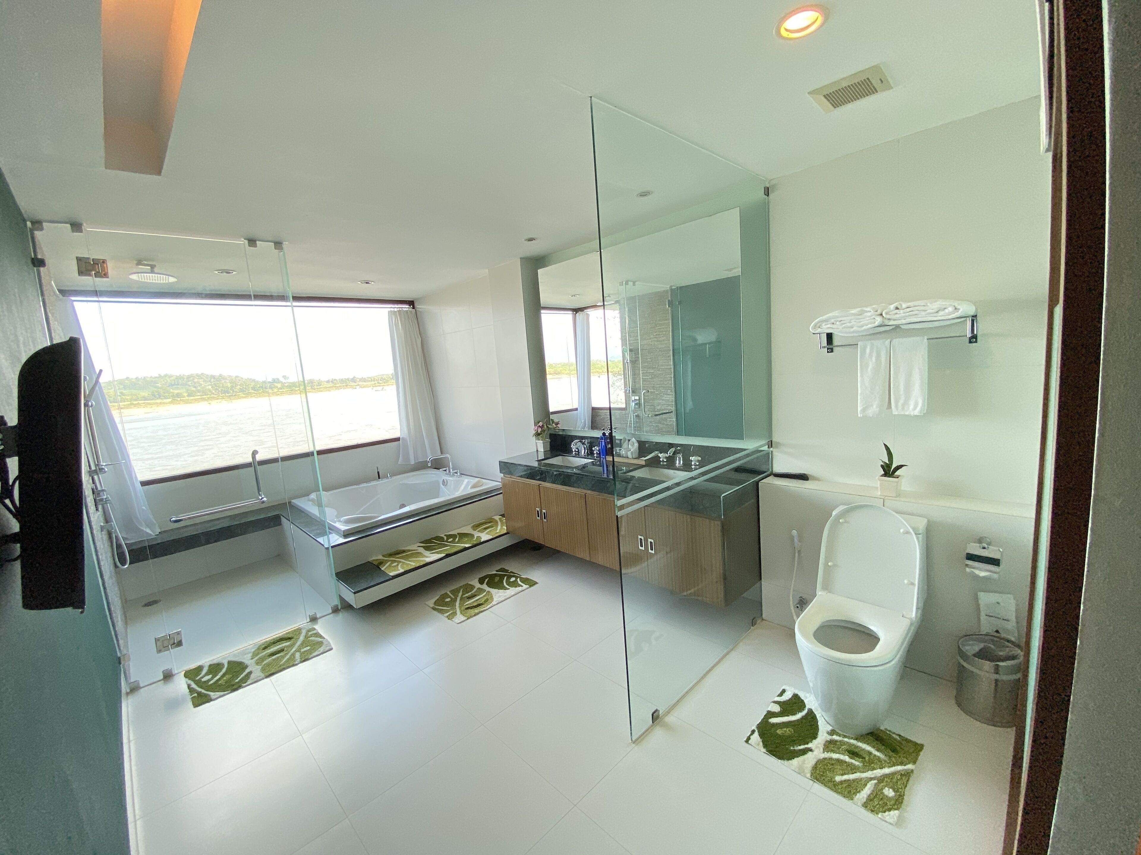 A modern bathroom with a glass-enclosed shower, a bathtub, a toilet, and a large mirror.