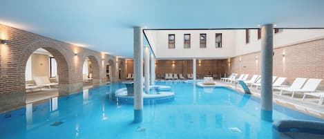 Indoor pool, seasonal outdoor pool, pool umbrellas, sun loungers