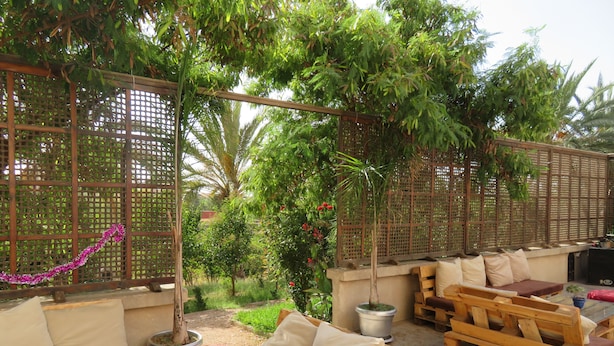 A patio area with wooden furniture, including sofas and a bench, surrounded by greenery and a decorative fence. - ibis Tlemcen (Tlemcen)